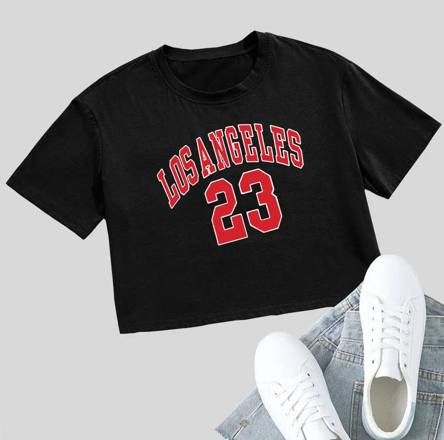 Personalised loose fit cotton navel T-shirt with English letter printing in black or white.