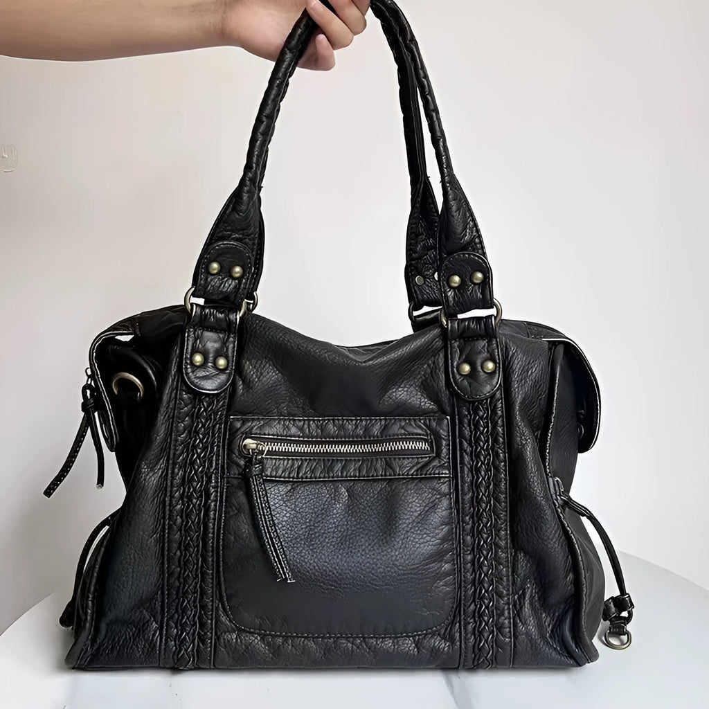 Women's brown retro soft PU messenger bag with woven detail and a single shoulder strap
