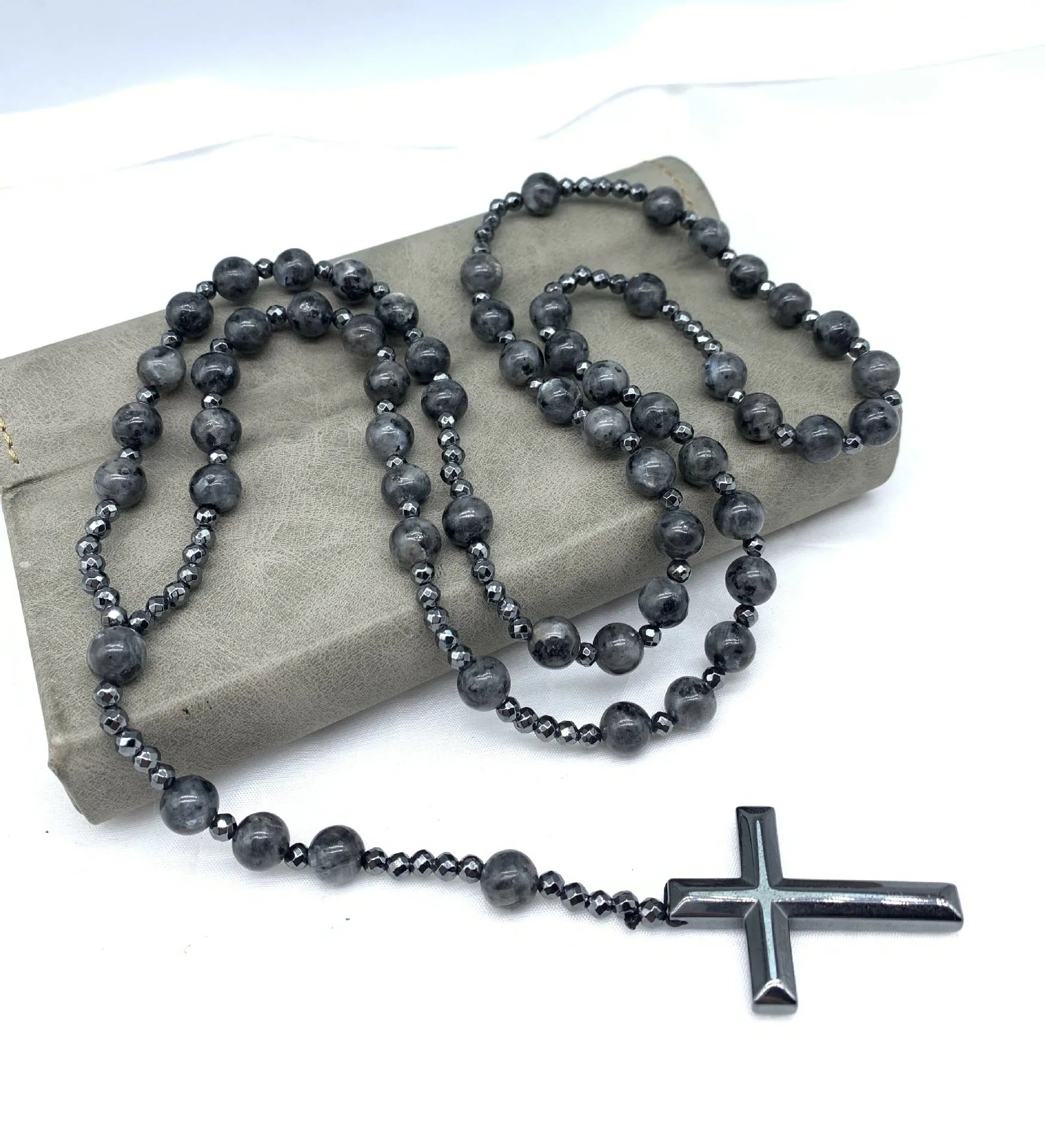 Men's stone cross pendant necklace with ball bead chain and safety lock clasp