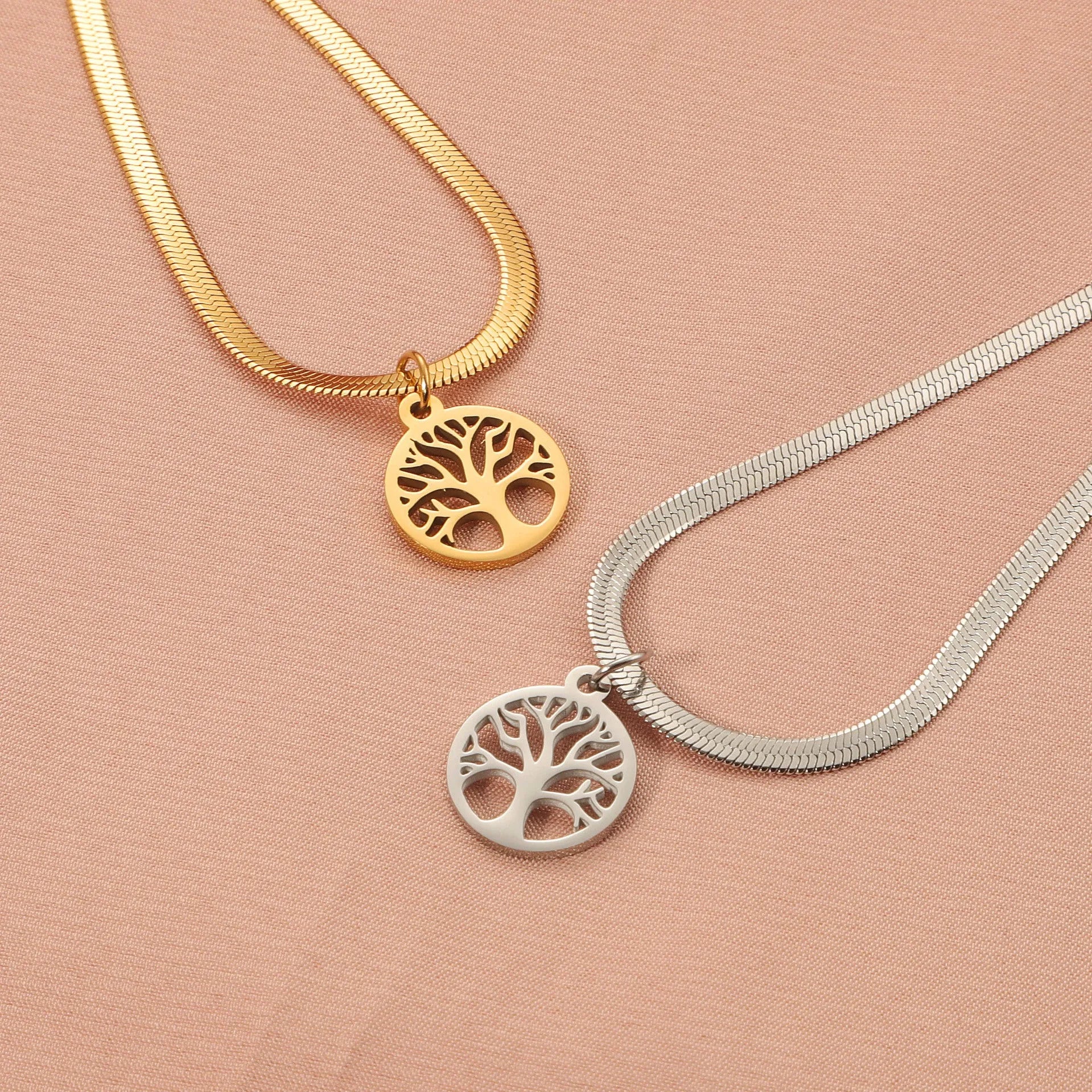 Stainless steel tree pendant necklace with snake bones chain in gold colour