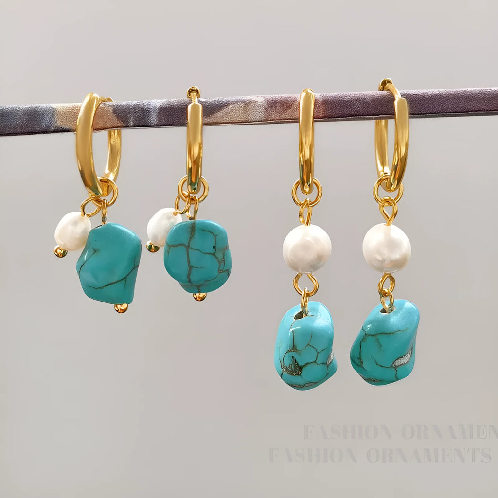 Copper geometric ear clips with cultured pearls and irregular turquoise stones for women