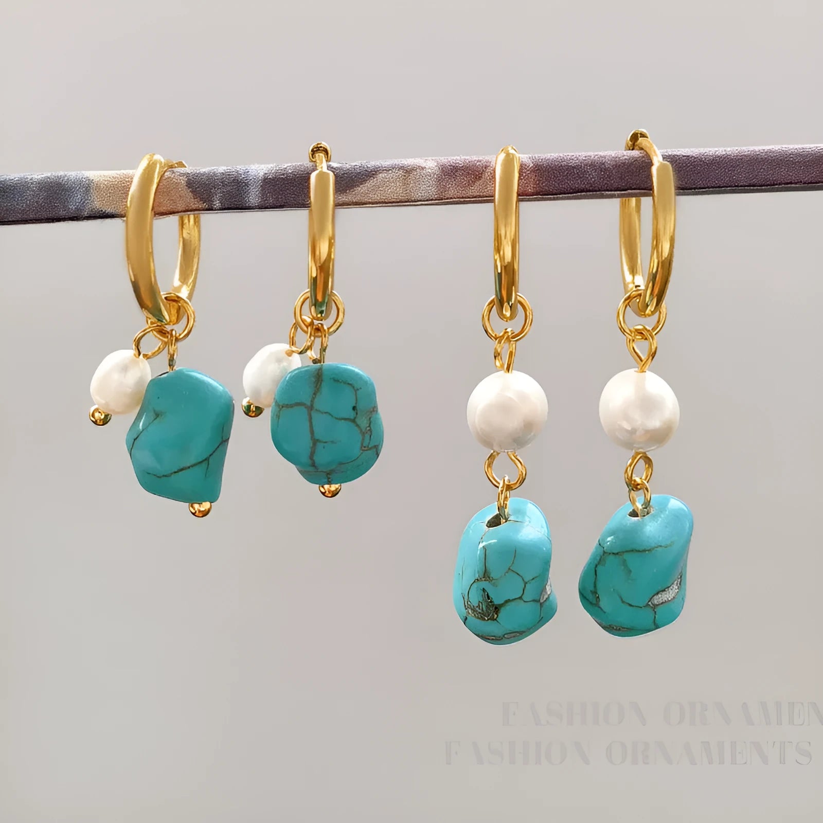 Copper geometric ear clips with cultured pearls and irregular turquoise stones for women