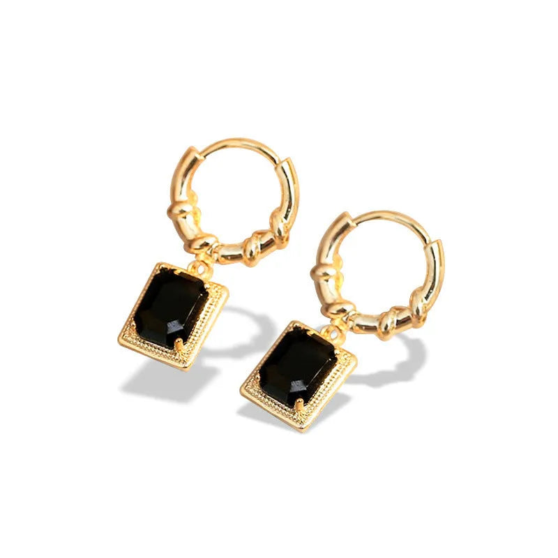 Women's geometric copper earrings with black zircon stones in French court retro style