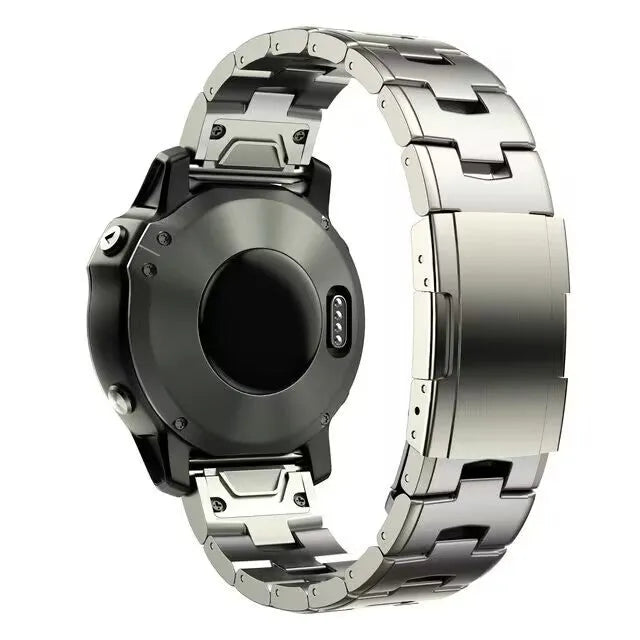 Metal watch strap for Garmin Fenix Jiaming in black, silver, titanium colours, showing 22mm and 26mm width options.
