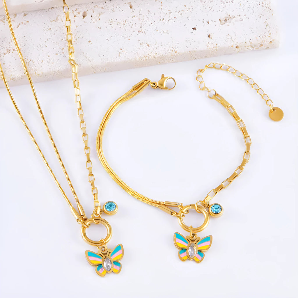 Gold coloured titanium steel necklace and bracelet set with colourful epoxy butterfly pendant