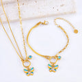 Gold coloured titanium steel necklace and bracelet set with colourful epoxy butterfly pendant