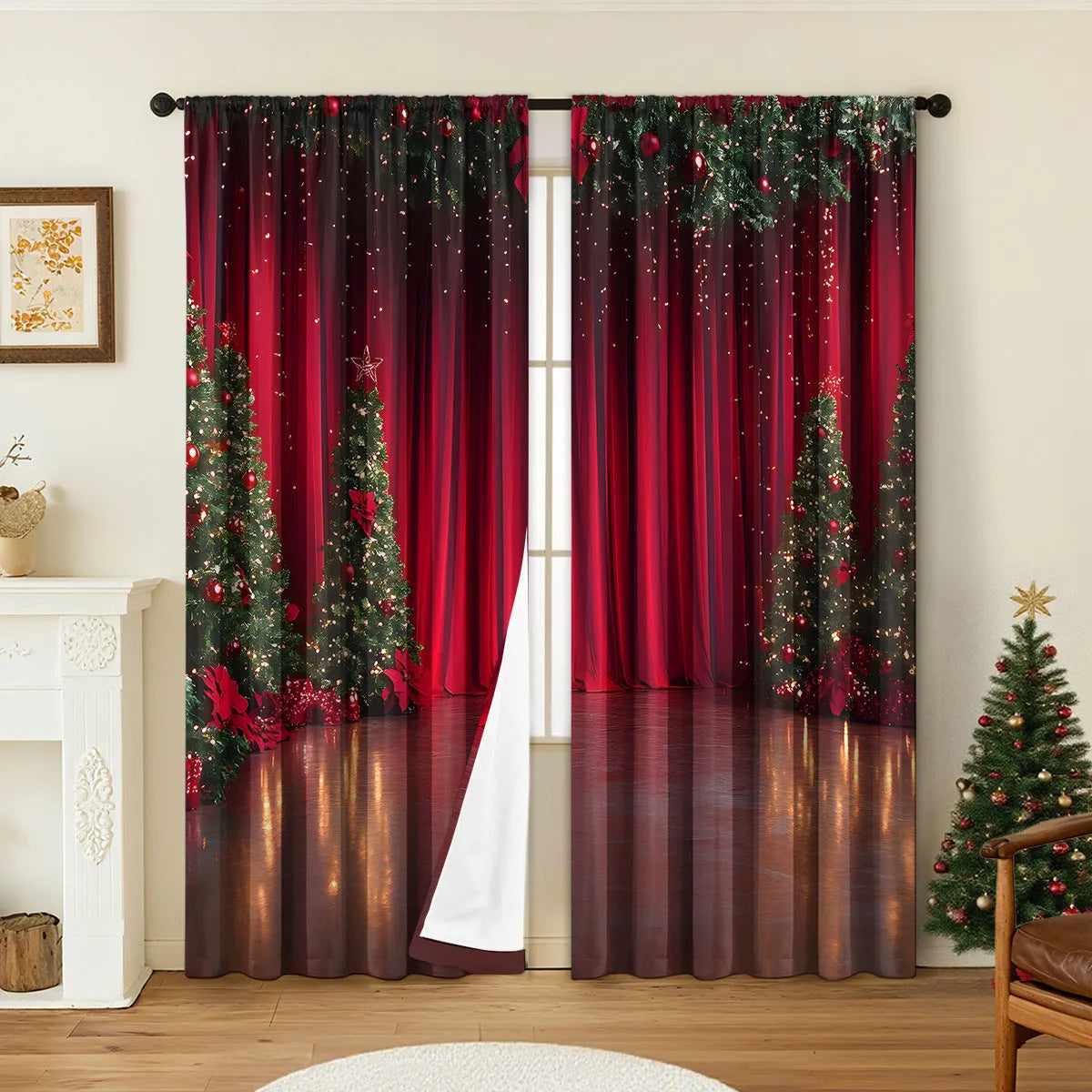 3D digitally printed Christmas curtain pair showing festive patterns on polyester fabric with sunshade properties