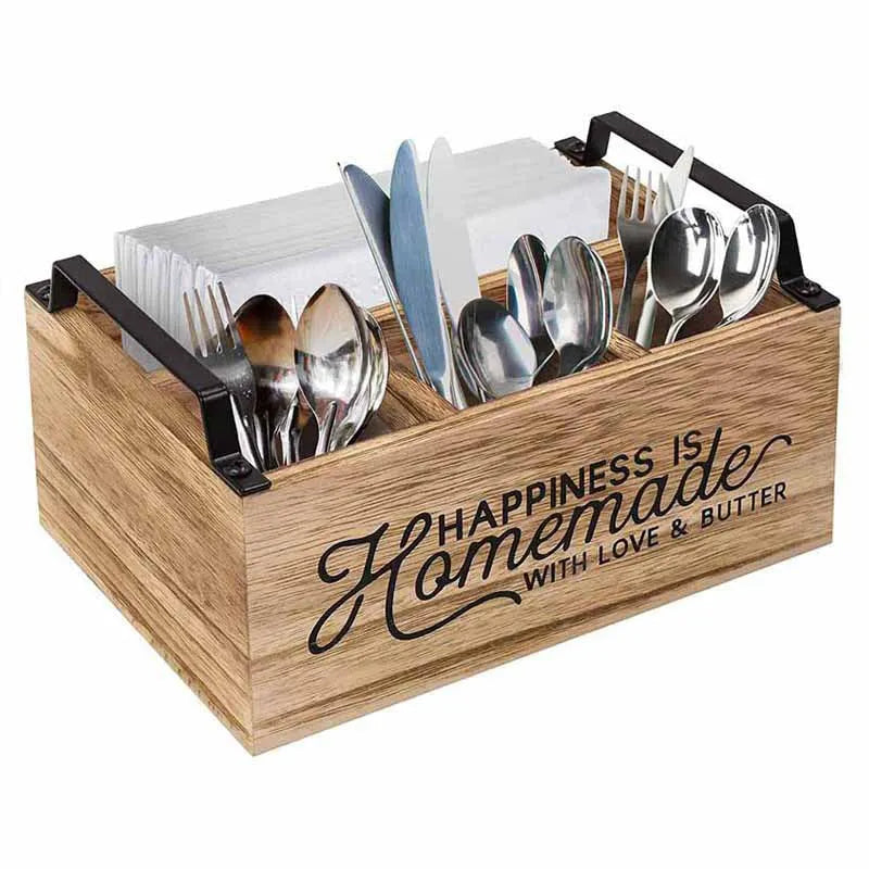 Wooden kitchen storage box with internal grid dividers for cutlery organisation