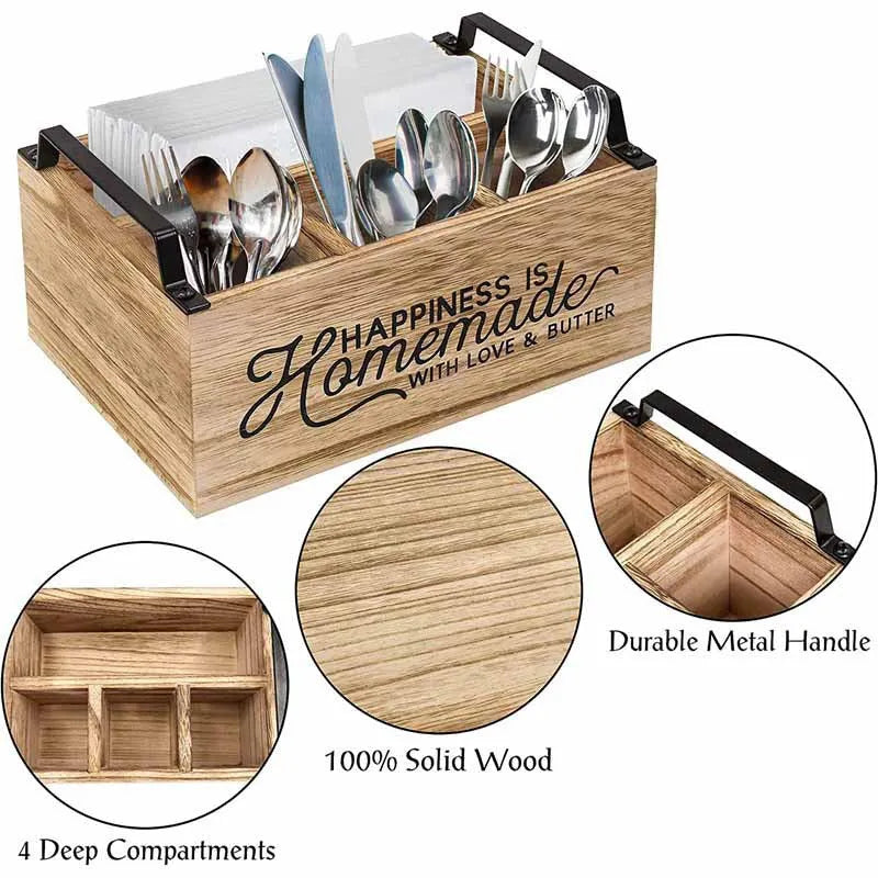 Wooden kitchen storage box with internal grid dividers for cutlery organisation