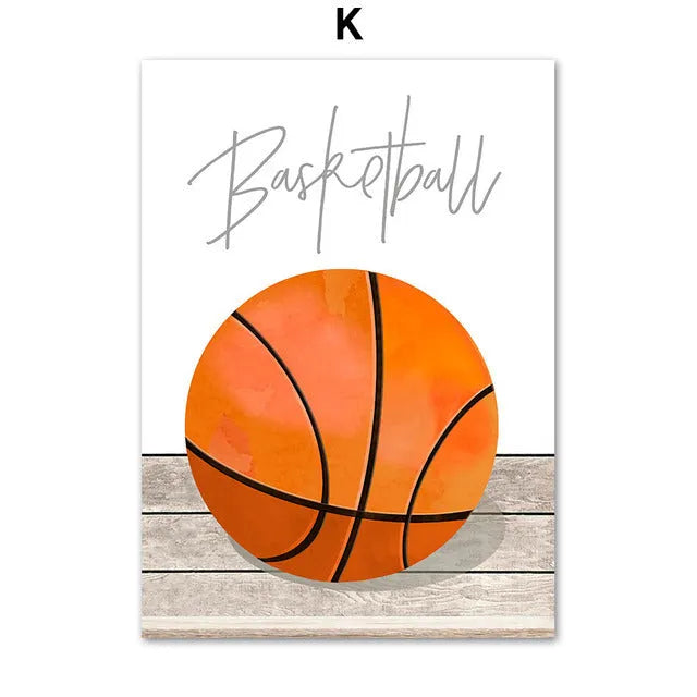 Cartoon sports canvas wall art with football, basketball, and baseball tools for children's bedroom