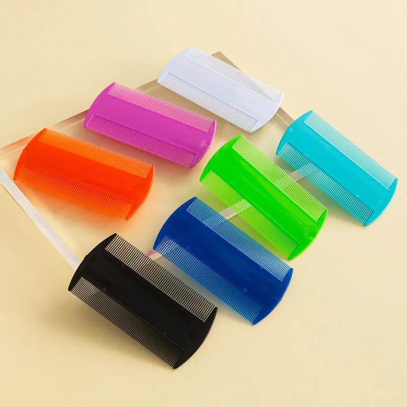 Double-edged plastic flea and lice comb in assorted colours, showing fine teeth.