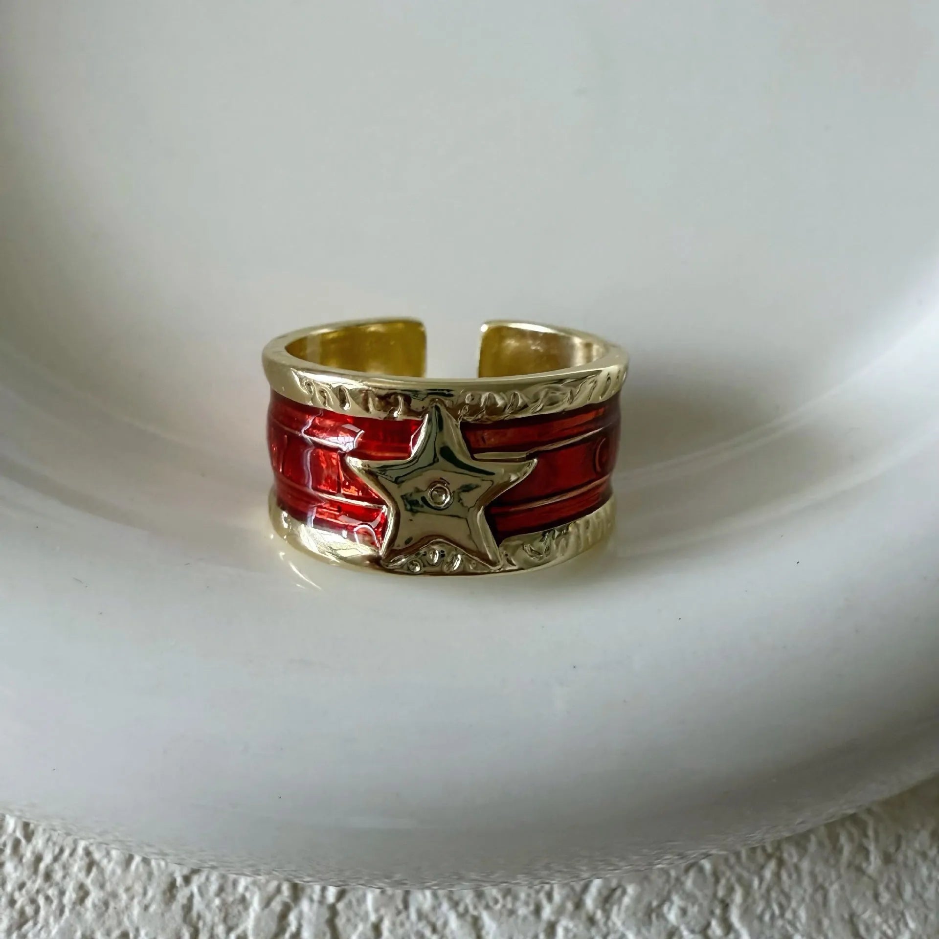Adjustable geometric copper ring with distressed finish in choice of colours.
