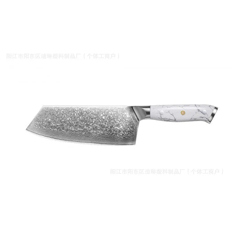 Damascus pattern chef's knife with 21cm VG10 steel blade and 11cm handle showing Japanese knife construction