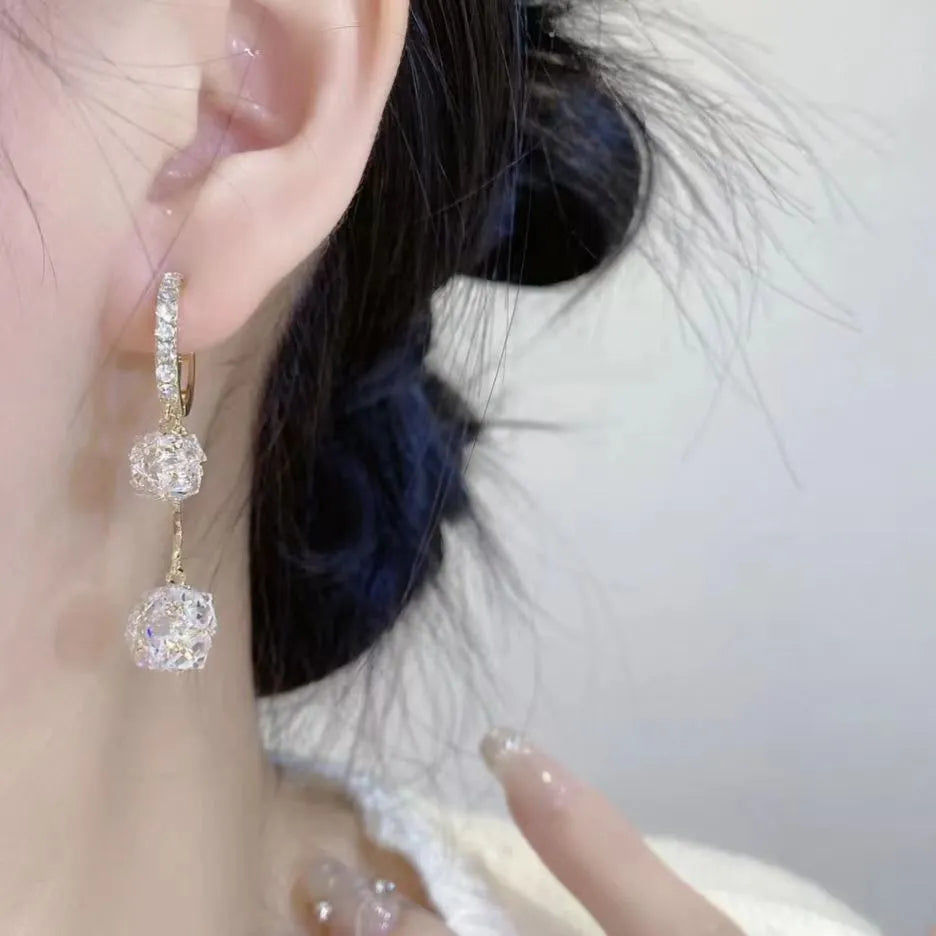 Silver confession balloon drop earrings with rhinestone balls and double pendant design