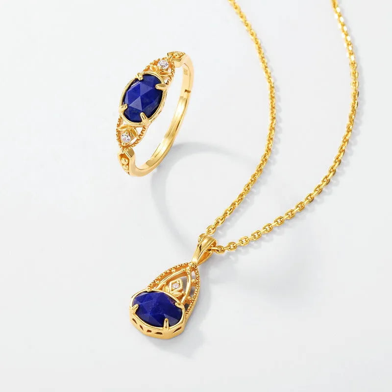 Women's Japanese minimalist lapis lazuli ring with geometric silver alloy setting and ellipse shape