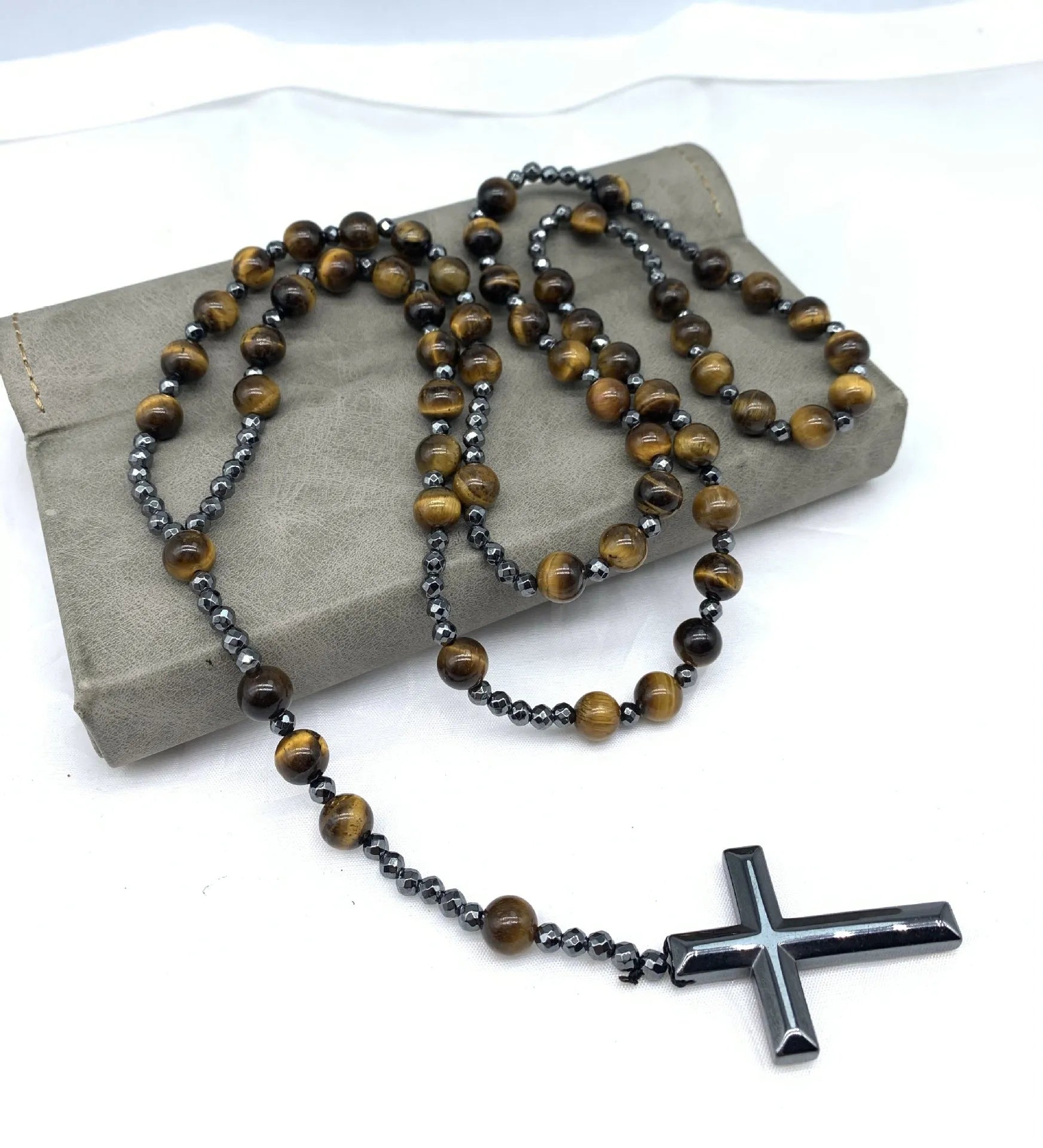 Men's stone cross pendant necklace with ball bead chain and safety lock clasp
