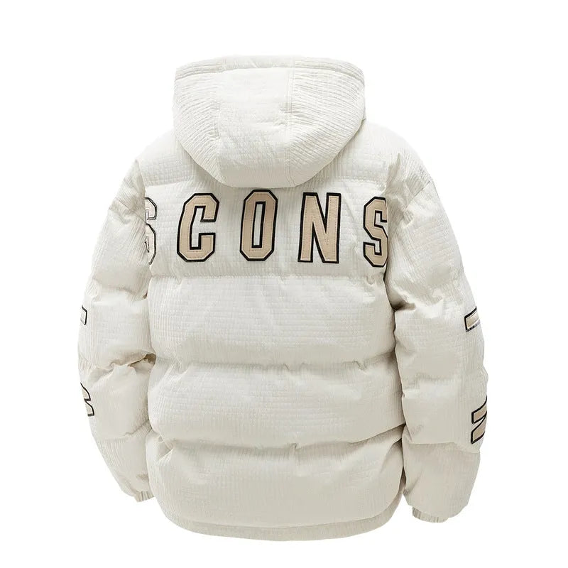 Men's black cotton-padded hooded winter coat with letter-print design and side pockets