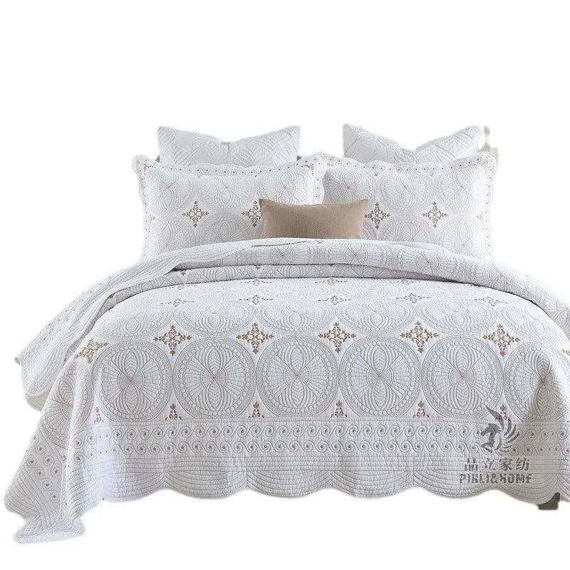 European-style pure cotton bedspread set with embroidery on bed