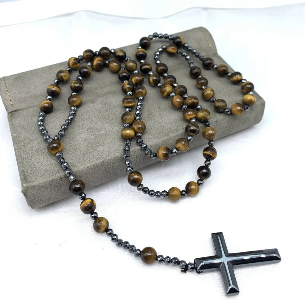 Men's stone cross pendant necklace with ball bead chain and safety lock clasp