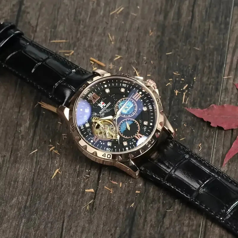 Men's automatic mechanical watch with large hollow dial, rose gold shell, and black leather strap