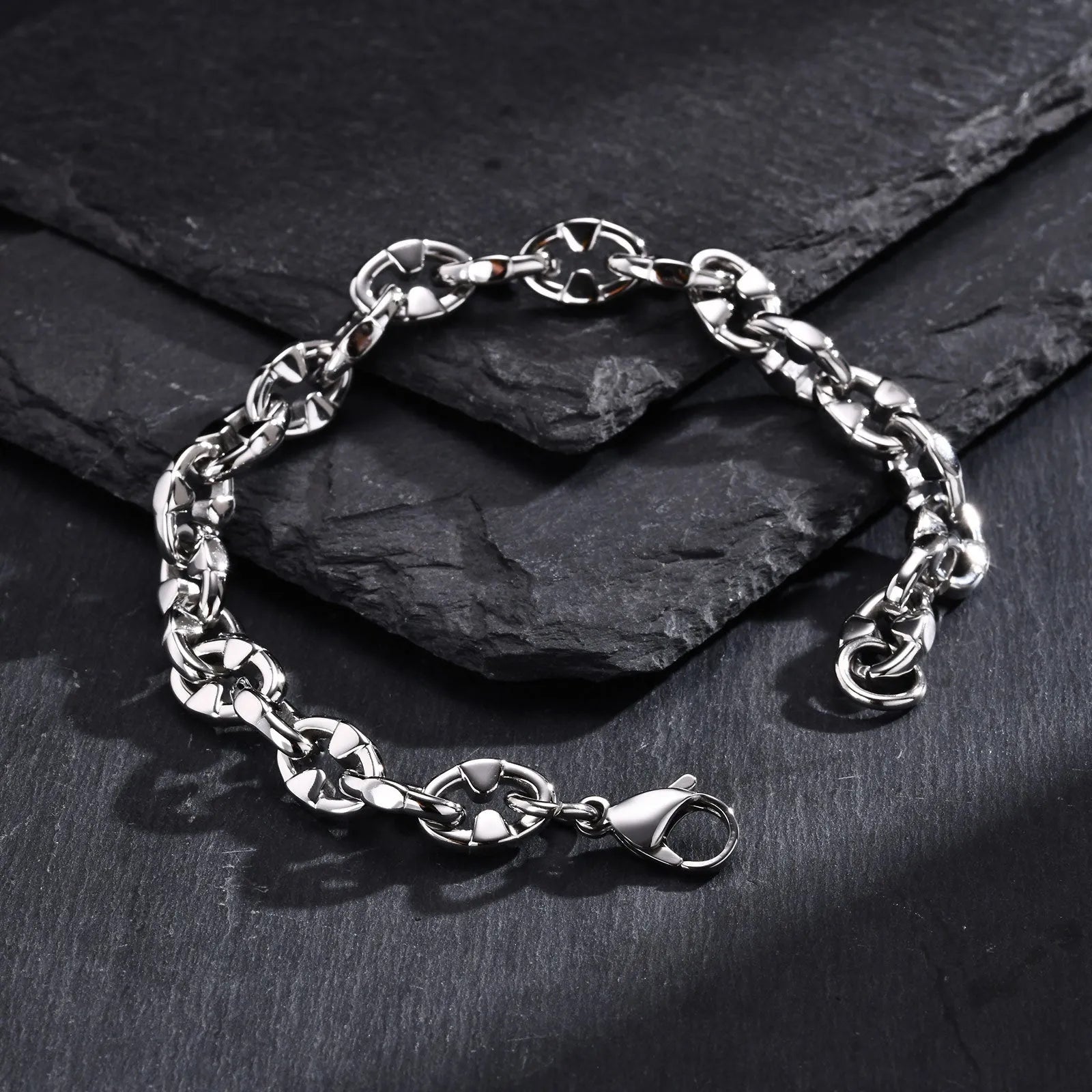 Men's stainless steel thick chain bracelet with geometric links for hip hop style