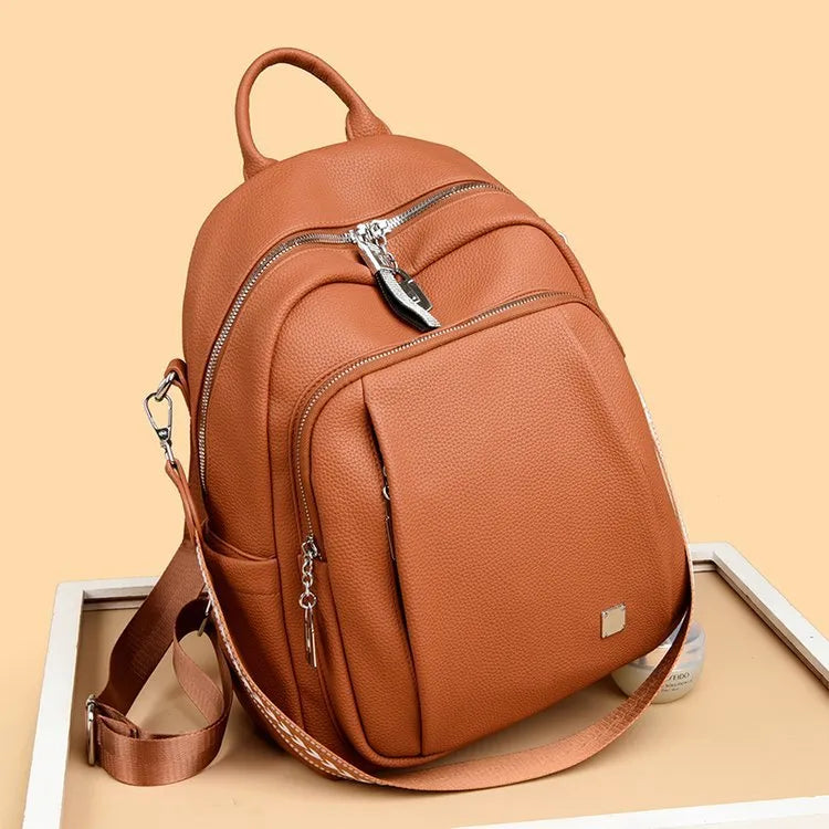 Women's soft leather PU waterproof single backpack in beige, 35x28x13cm, neutral style for men and women