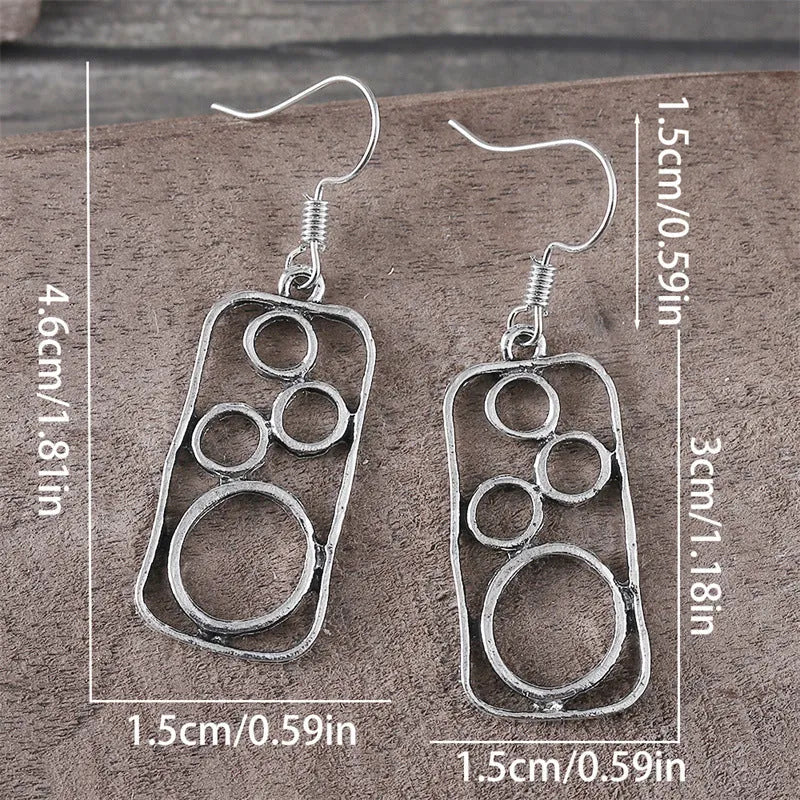 Round zinc alloy earrings with geometric square design in antique silver finish