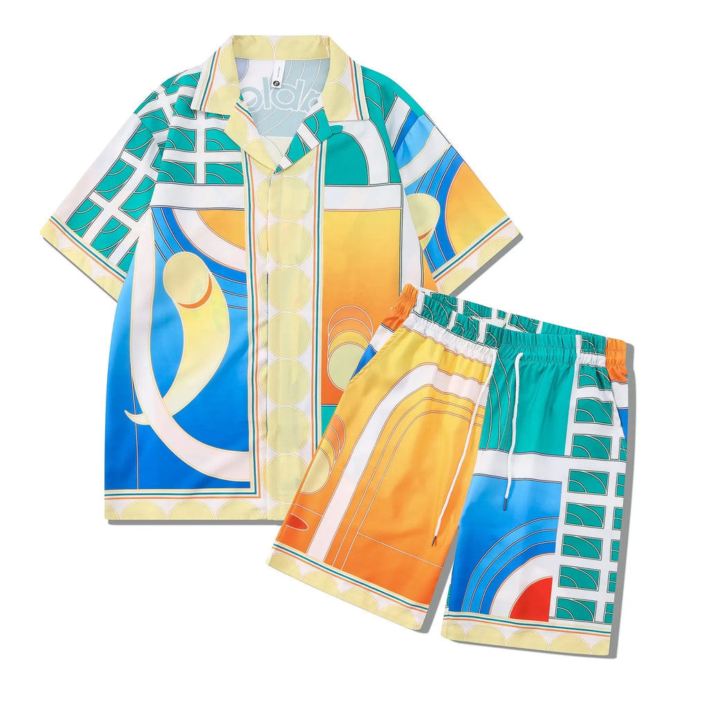 Plaid print beach outfit with matching short sleeve shirt and trousers on a mannequin