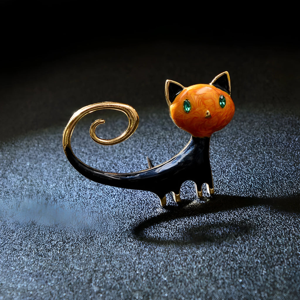 Personalised painted cat tailing up brooch in alloy metal available in white or orange colours