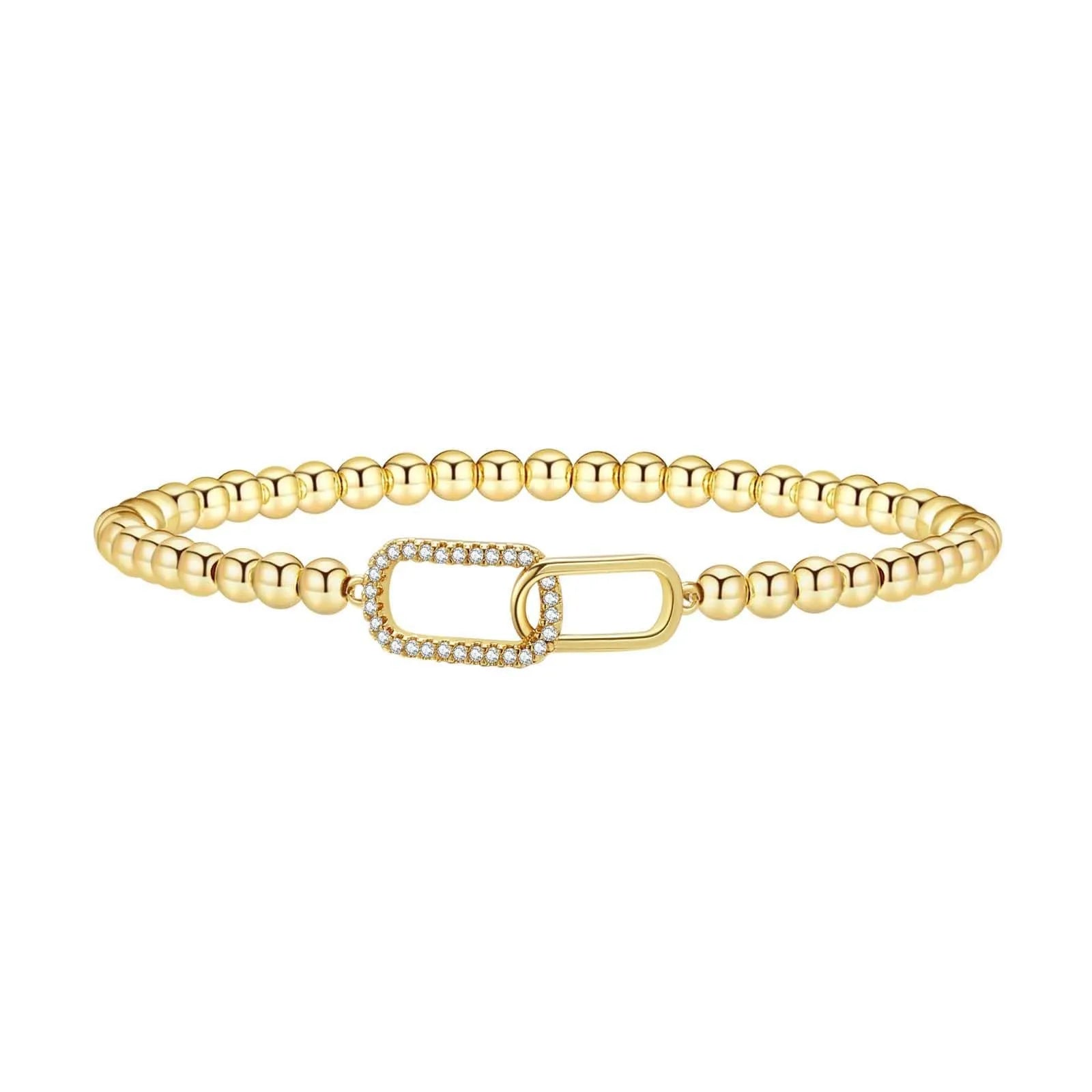 Adjustable stainless steel beaded bracelet with geometric design and round elements in electroplated finish