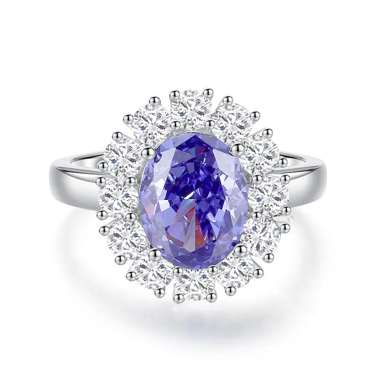 925 sterling silver ring with a heart-shaped Tanzanite colour zircon stone in an ice flower cut.