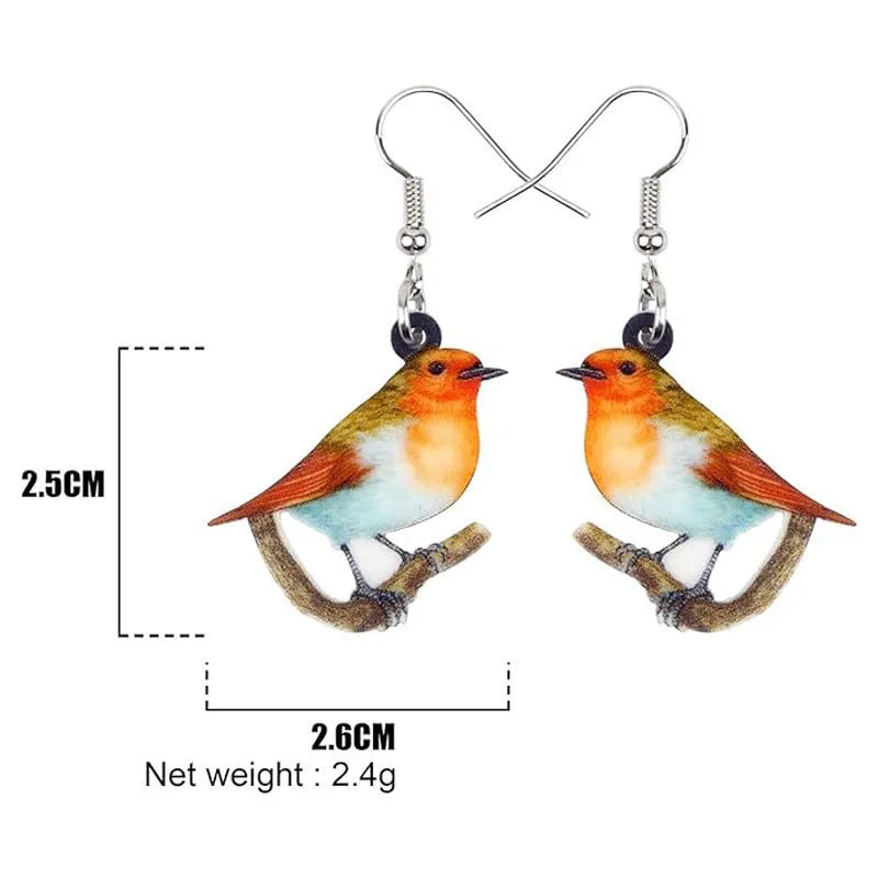 Acrylic blue titmouse pendant earrings with geometric animal and snake zodiac design in colourful printing