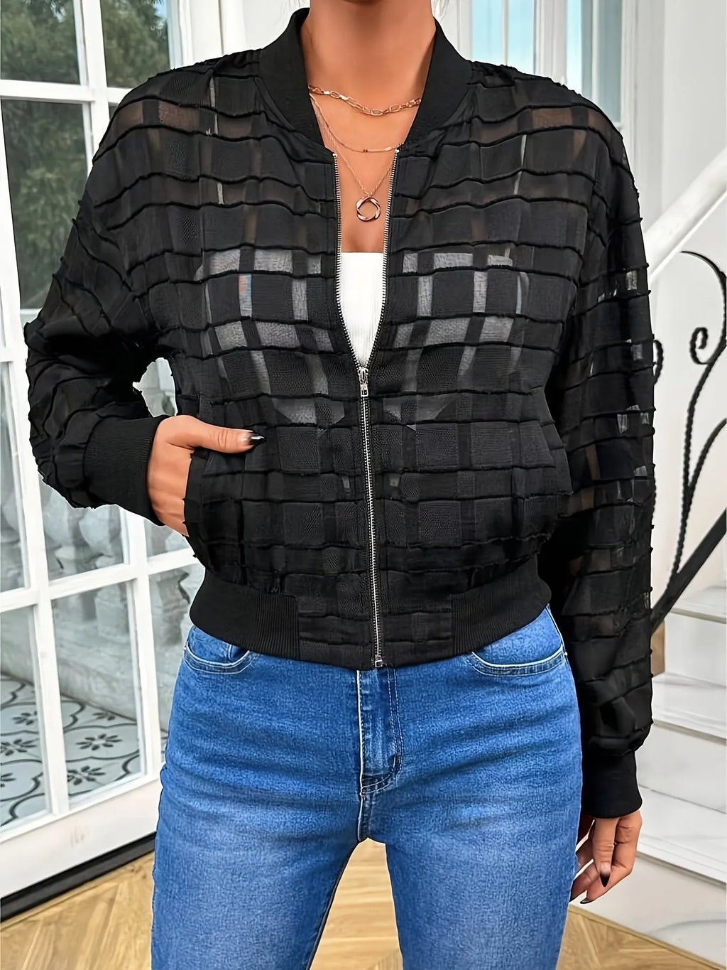 Women's black semi-transparent geometric pattern casual jacket with zipper front
