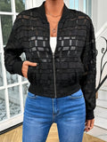 Women's black semi-transparent geometric pattern casual jacket with zipper front