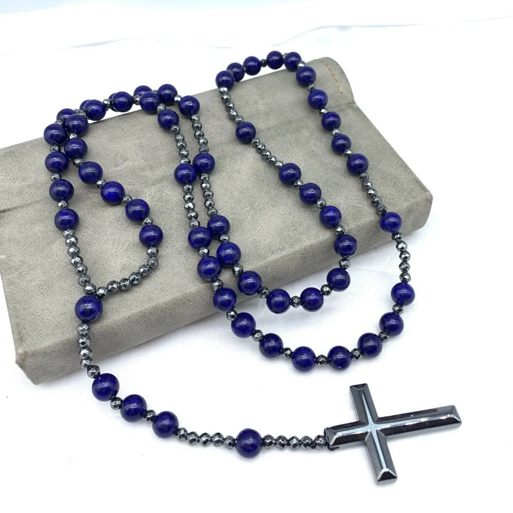 Men's stone cross pendant necklace with ball bead chain and safety lock clasp