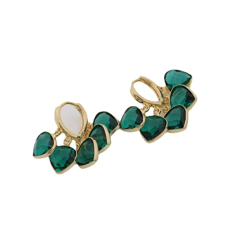 Korean style green heart pendant glass ear clip earrings with alloy inlay artificial gemstone details