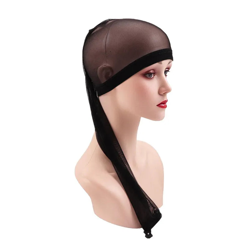 Mesh wig cap in spandex material showing stretch elasticity and breathable construction