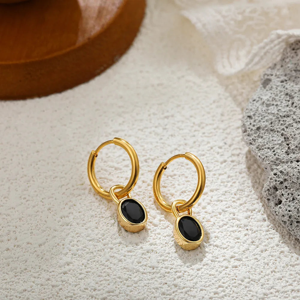 Women's retro oval zircon earrings in six colour options with copper construction and ellipse design