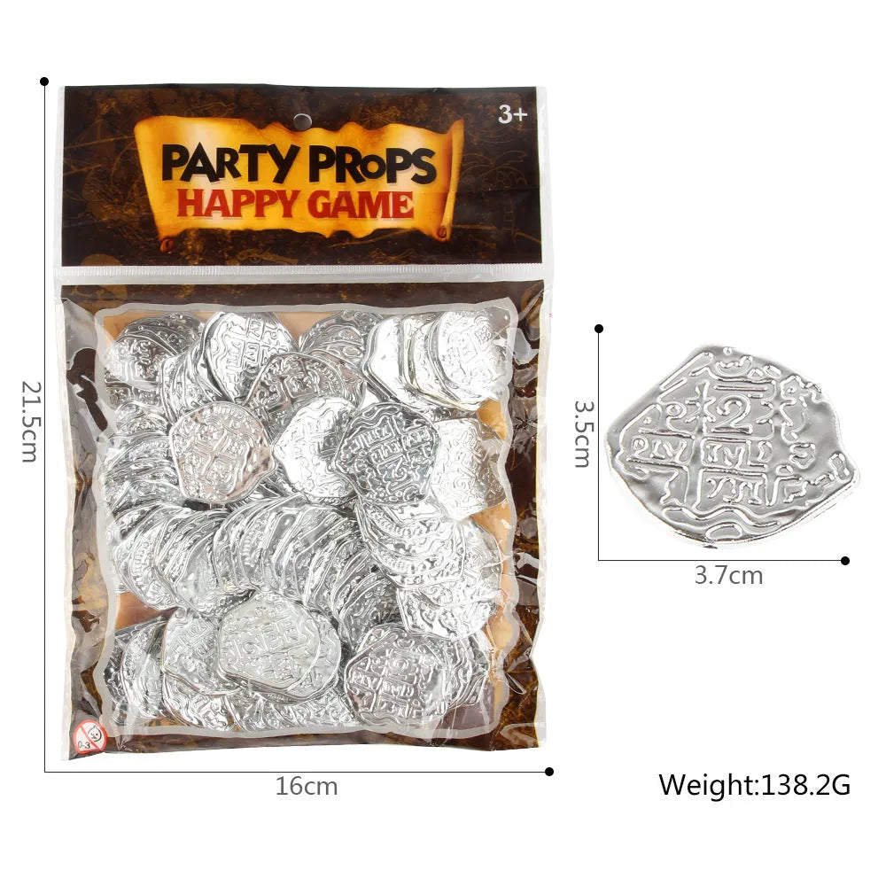 100 plastic Roman pirate coins with metallic electroplated finish in bronze, gold, and silver colour options