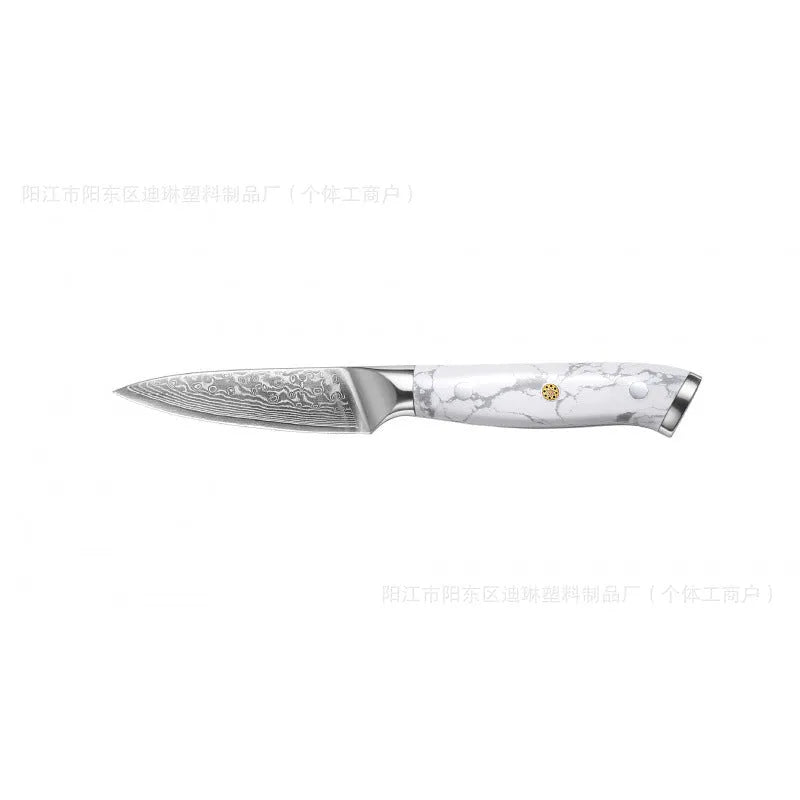 Damascus pattern chef's knife with 21cm VG10 steel blade and 11cm handle showing Japanese knife construction
