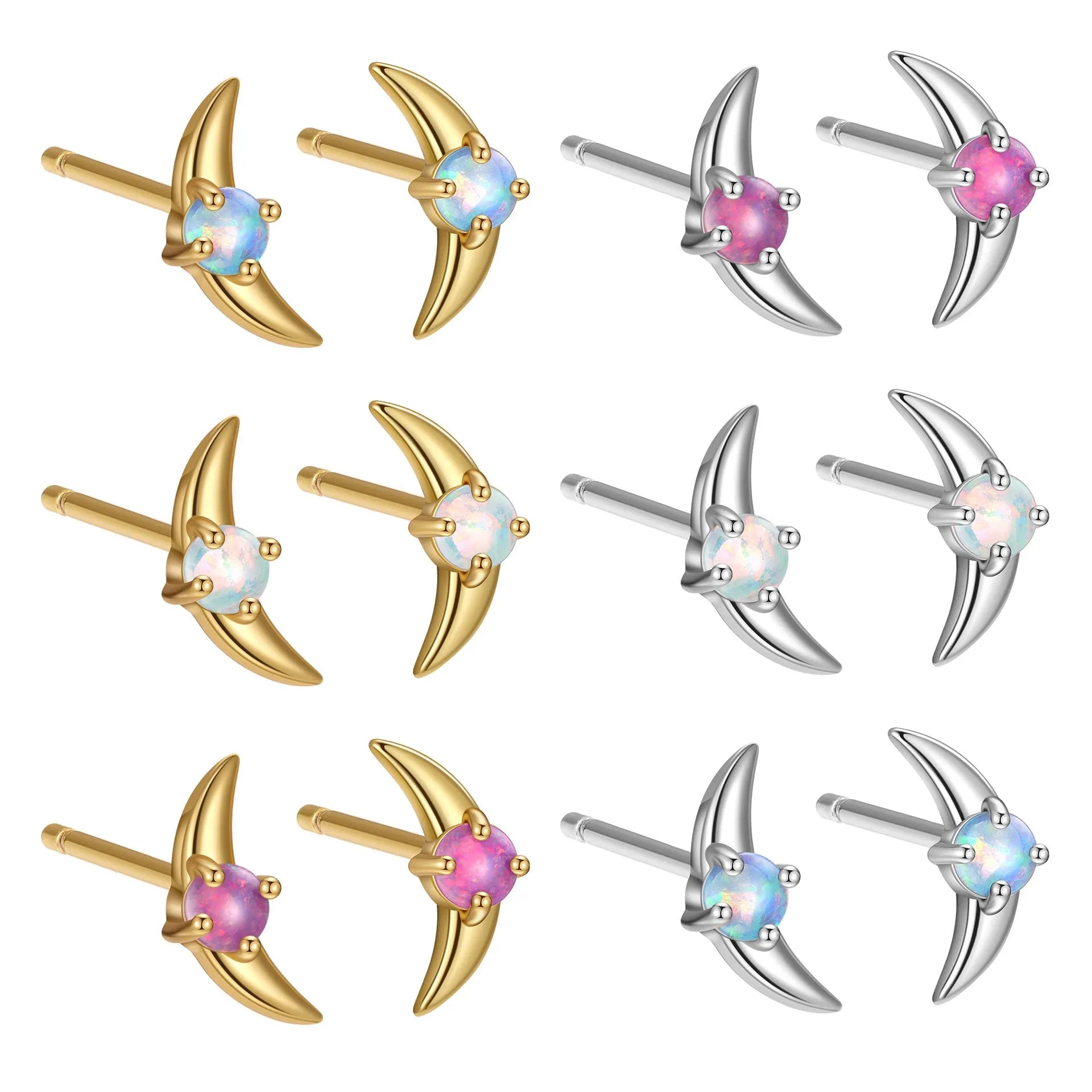 Geometric women's earrings in 925 silver with gold or platinum finish and blue, purple, or white stone.