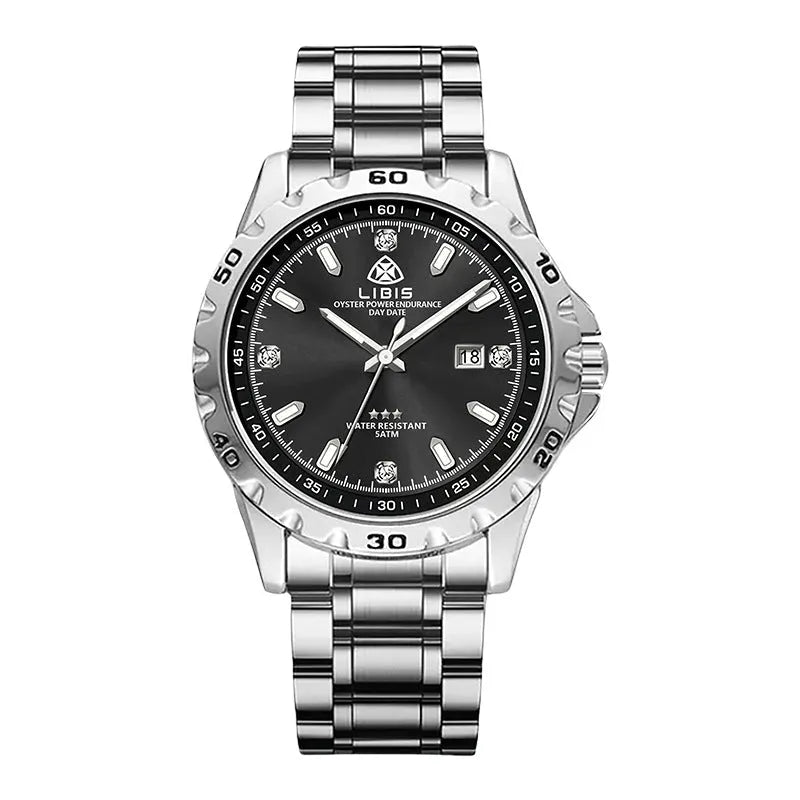 Men's silver quartz watch with luminous dial and stainless steel strap