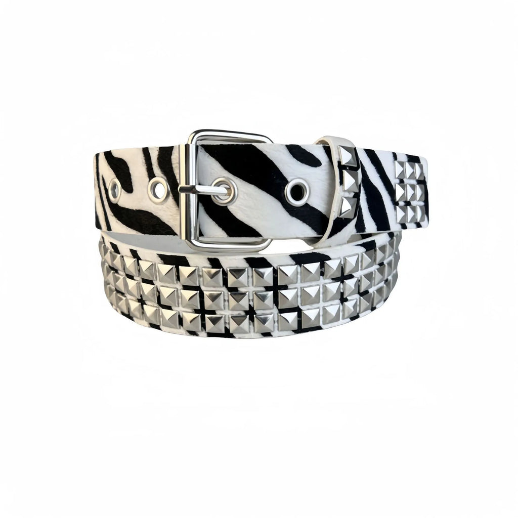 Women's punk fashion belt with metal pyramid studs in leopard print pattern, showing alloy buckle and PU leather strap.