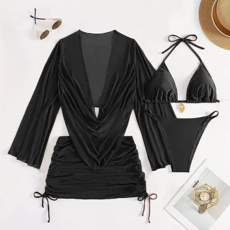 Women's dark brown backless bikini suit with lace-up detail and sleeveless design