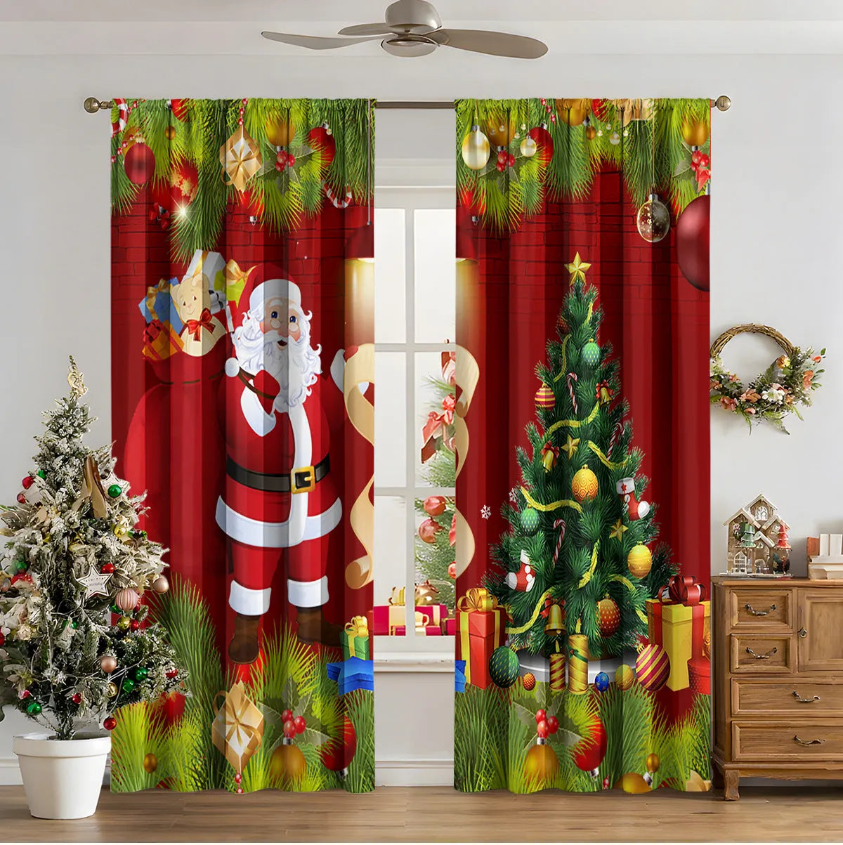 3D digitally printed Christmas curtain panel in a modern style, made from polyester fabric.