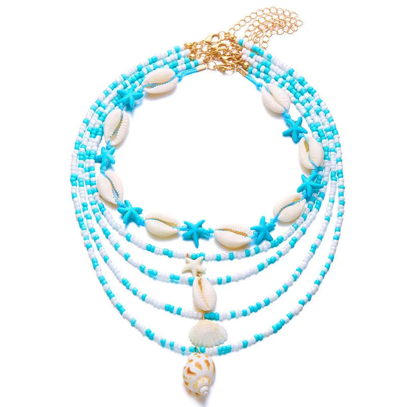 Blue and colour women's multi-layer necklace set with starfish shell conch pendants and bead elements