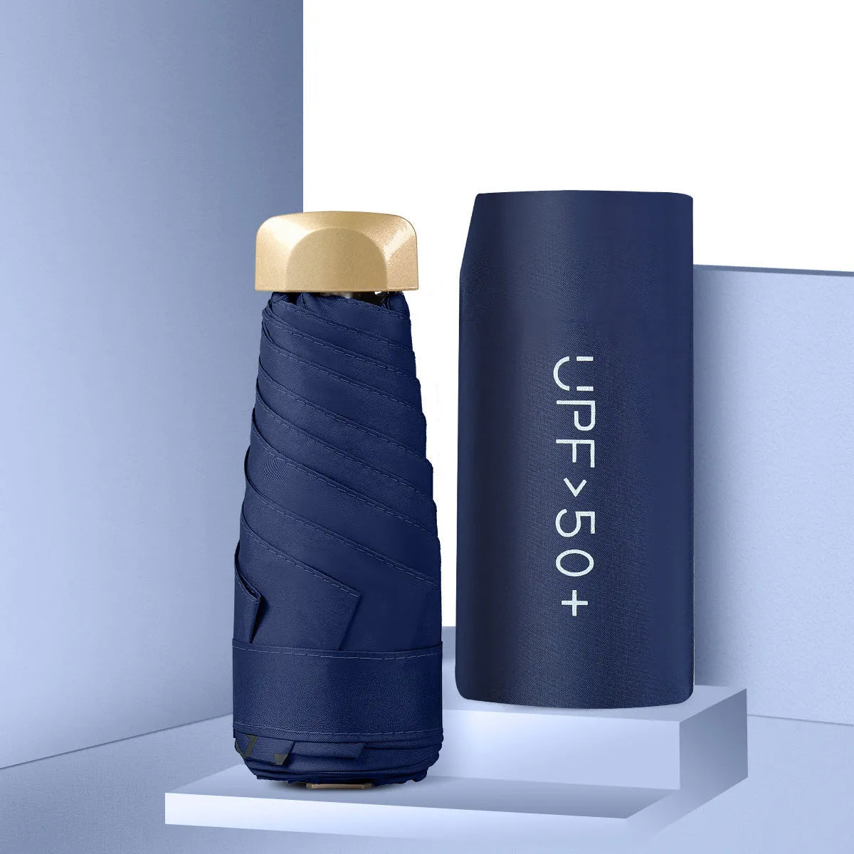 Compact five-fold sun umbrella in various colours with manual open mechanism and rubber handle