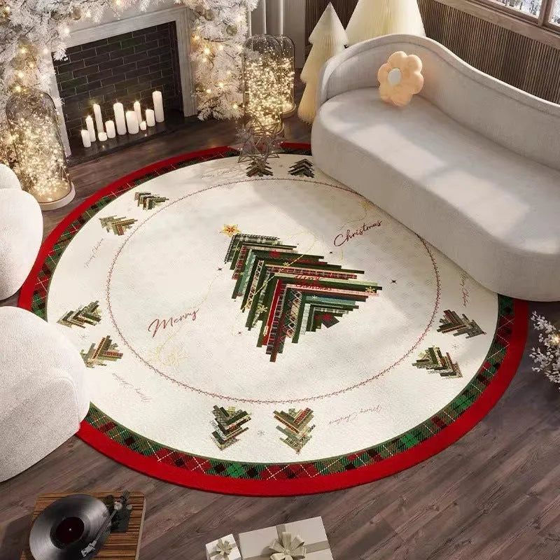 Round red Christmas floor mat with velvet texture in living room setting