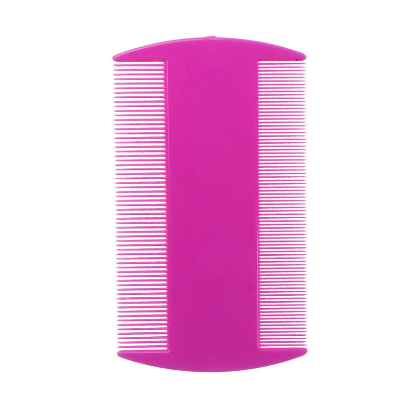 Double-edged plastic flea and lice comb in assorted colours, showing fine teeth.