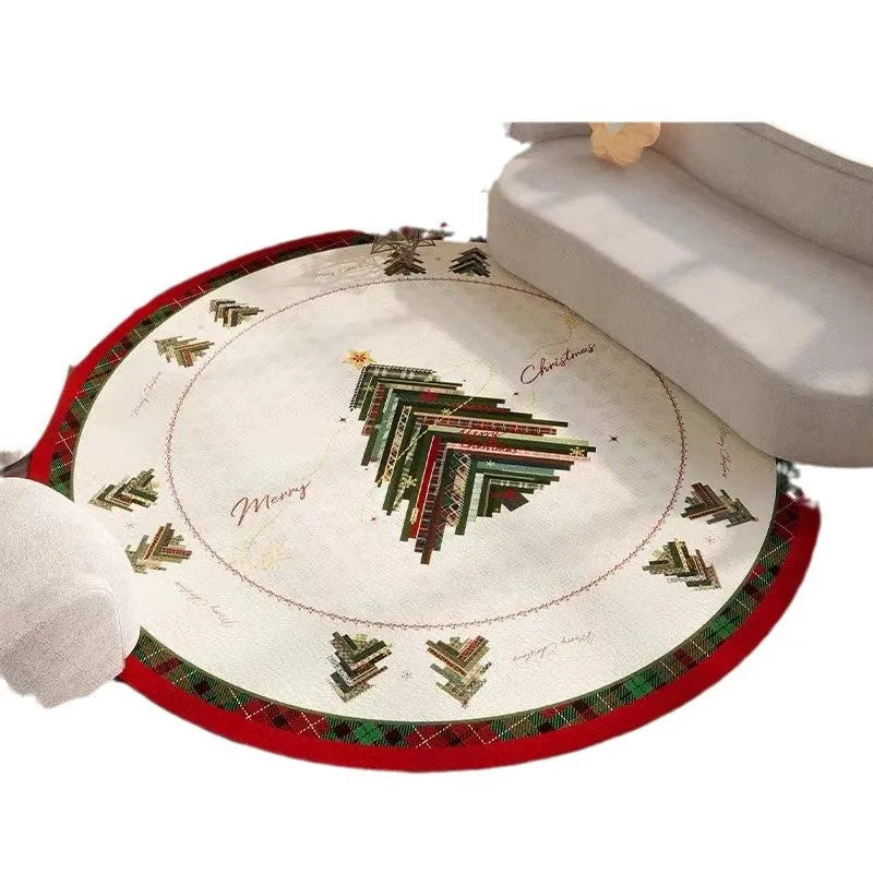 Round red Christmas floor mat with velvet texture in living room setting